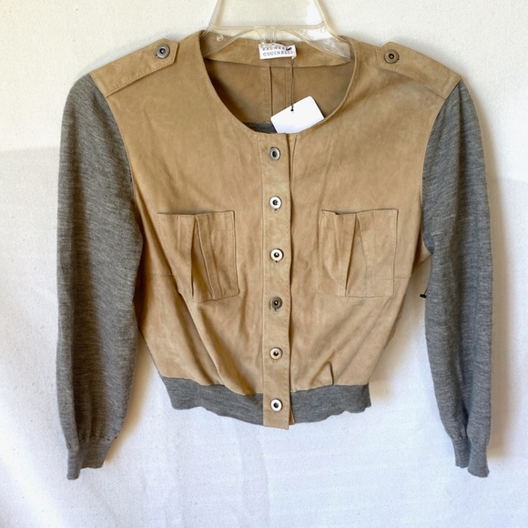 Brunello Cucinelli Cashmere & Leather Two Tone Cropped Jacket